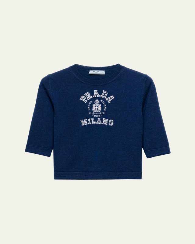 Intarsia Logo Short-Sleeve Cashmere Sweater